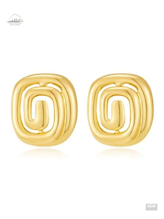 Chunky Gold Tone Square Swirl Stud Earrings Lightweight Statement Jewelry