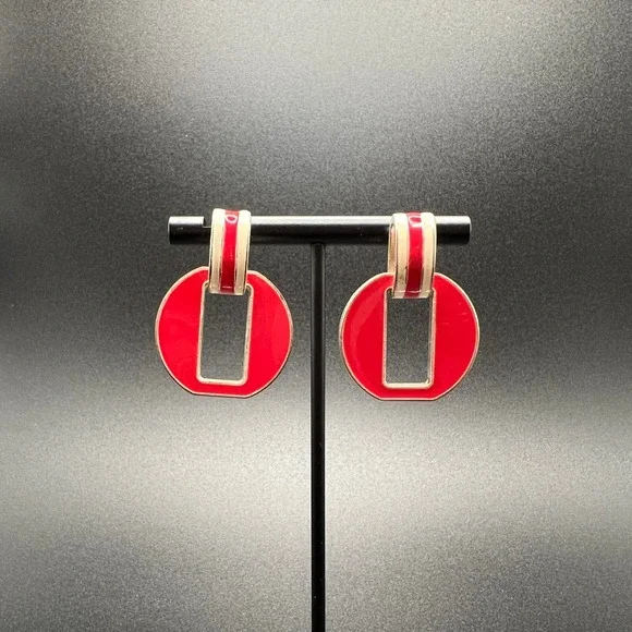 Chaps Drop Earrings Red White Enamel Silver Tone Geometric Bold Striped Nautical