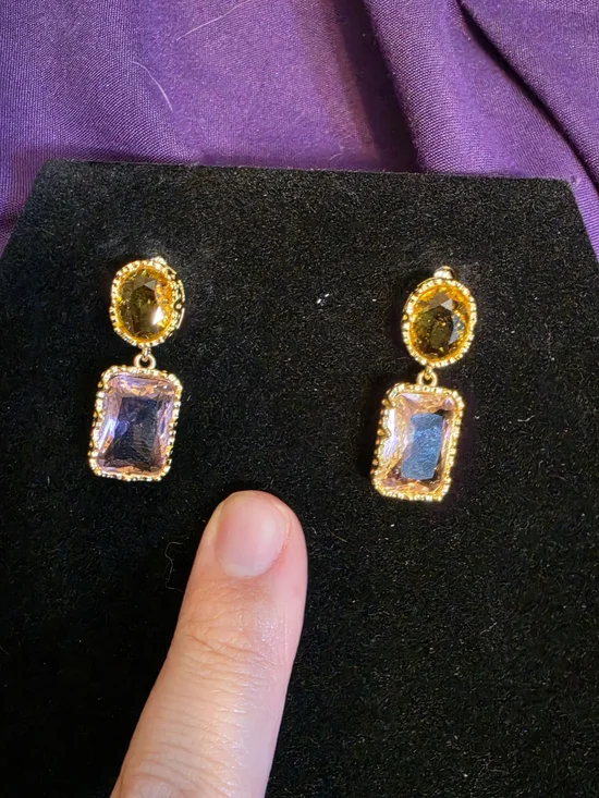 Gold-Tone Purple and Olive Crystal Drop Earrings