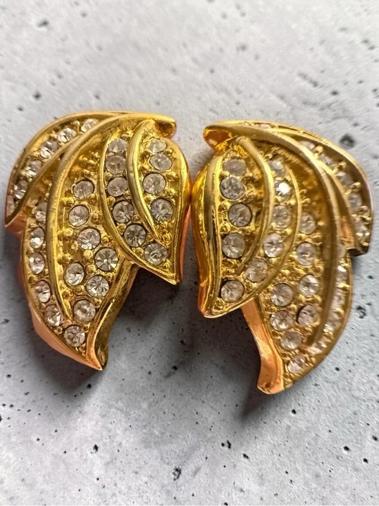 Gold Crystal Leaf Clip Earrings - Sparkling Gold Tone