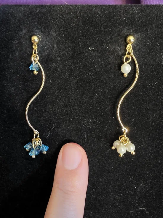 Gold Drop Earrings with Blue Crystals and Pearl Clusters