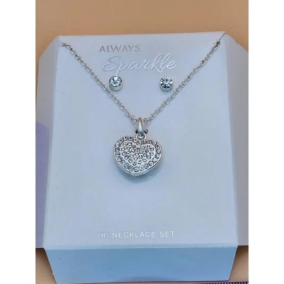 New ALWAYS SPARKLE Signed Heart CZ Silver Tone Necklace & Earrings Set FREE $HIP