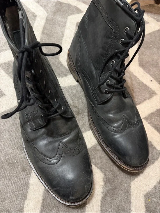 Men's Black Leather Wingtip Lace Up Boots Sz 13M