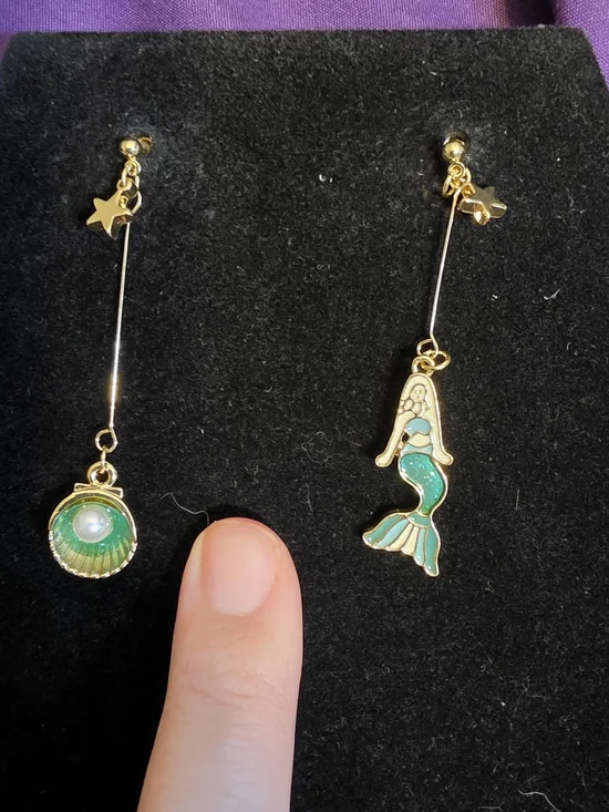 Gold-Tone Green Mermaid and Shell Drop Earrings