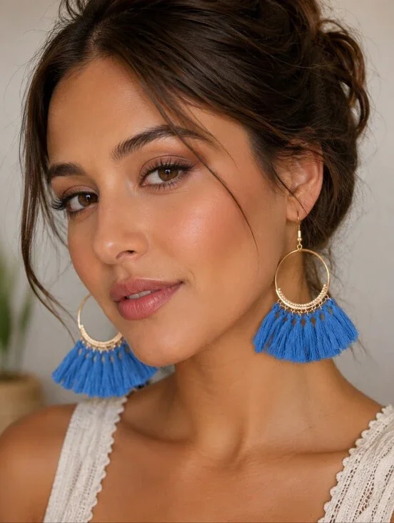 Gold Hoop Earrings Blue Thread Tassels Classic Boho Fashion Jewelry Accessories