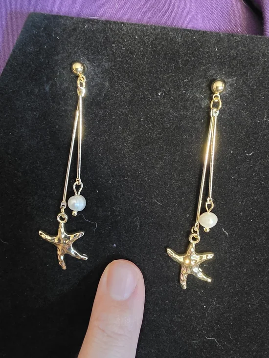 Gold Starfish Drop Earrings with Pearl Accent