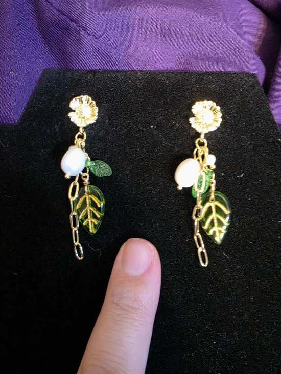 Gold Green Leaf Drop Earrings with Pearl Accent