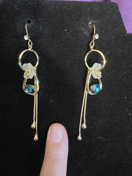 Gold Tone Blue Crystal Dangle Earrings with Flower Accent