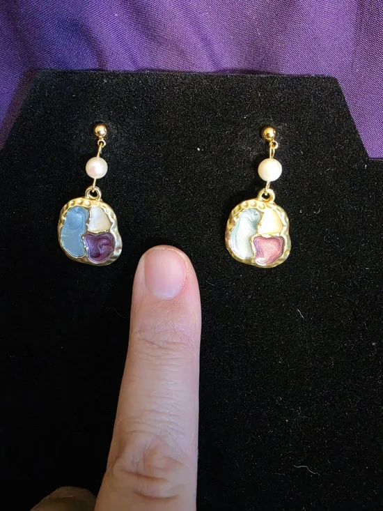 Gold-Tone Multicolor Enamel Drop Earrings with Pearl Accent