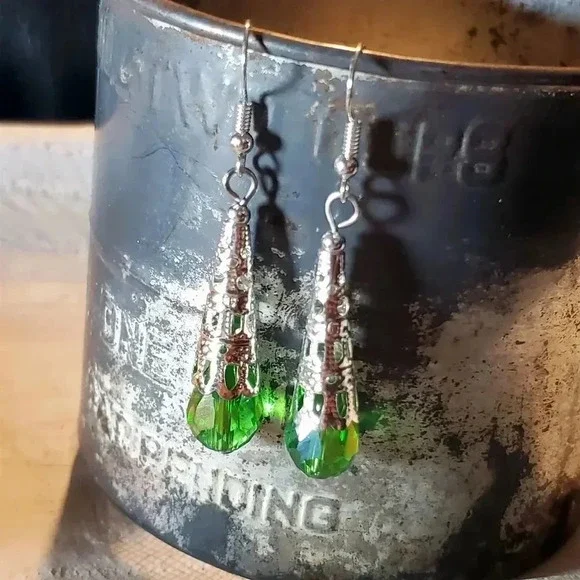 Hand Crafted Caged Filigree Faceted Green Crystal Silver Teardrop Earrings