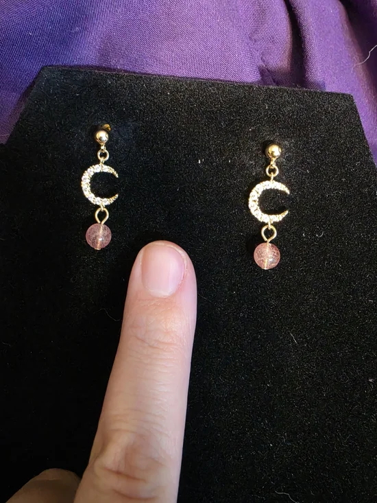 Gold Crescent Moon Earrings with Pink Crystal