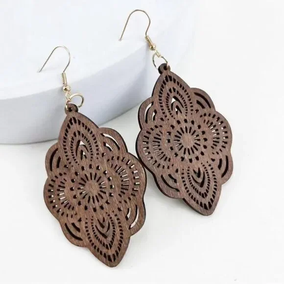 3For$20 Wood Lace Carved Drop Earrings NEW Burgundy/Brown