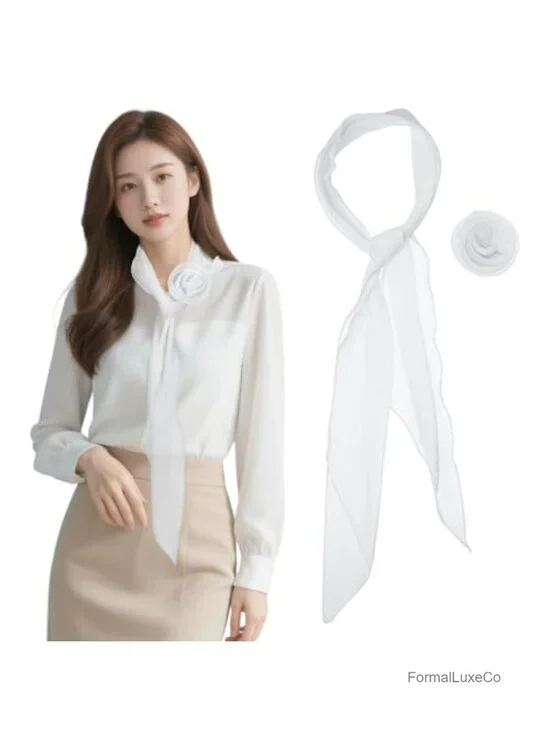 Chiffon Scarf with Detachable Rose Flower, Long Skinny Neckerchief, Hair Ribbon