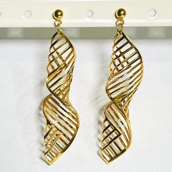 Vtg Spiral Earrings Gold Tone Posts Dangle Twisted Openwork Stripes Unique Drop