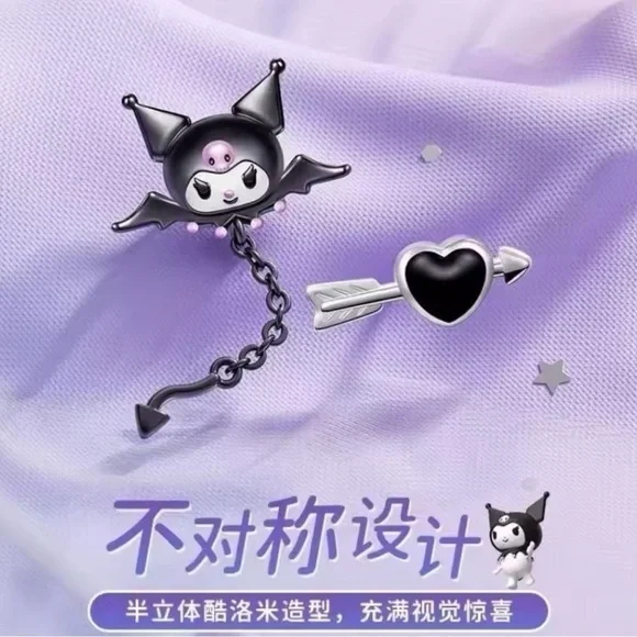 925 Sterling Silver Plated Kuromi Bat Wings Arrow & Heart Mismatch Stud Earrings