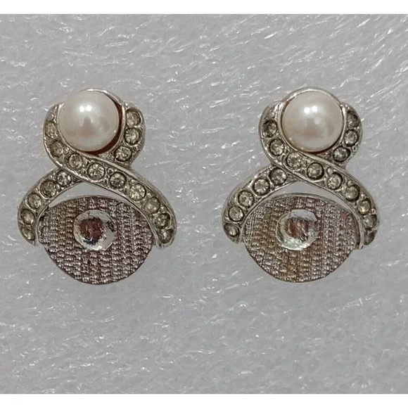 Vintage Marvella Faux Pearl Rhinestone Silver Tone Swirl‎ Earrings