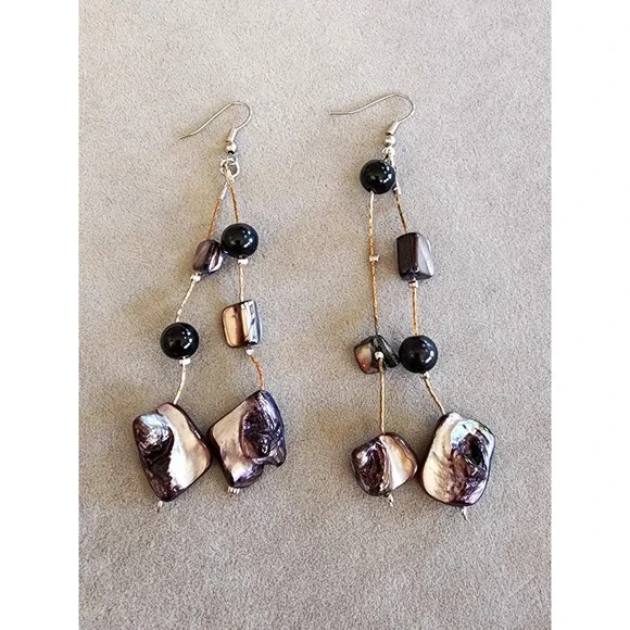 Abalone Shell Natural Chunk Dangle Earrings Mixed Metal Gold & Silver Tones