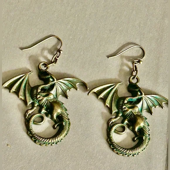 Earrings Gothic flying Dragons in Brass w Green Verdigris finish pierced, drop