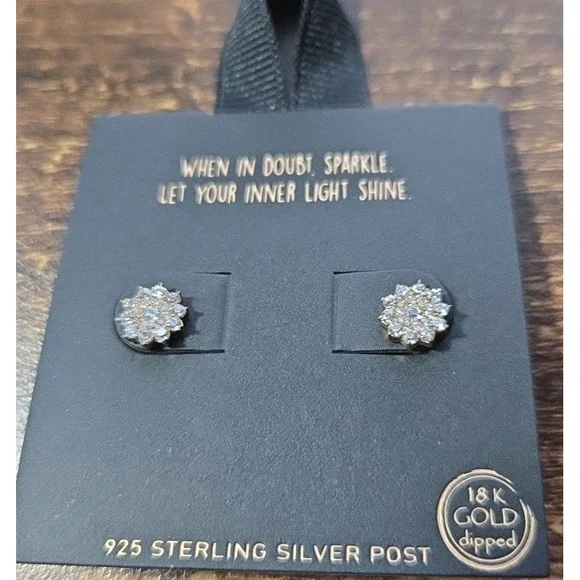18K Gold Dipped Crystal Flower Stud Earrings 925 Sterling Silver‎ Post Sparkle