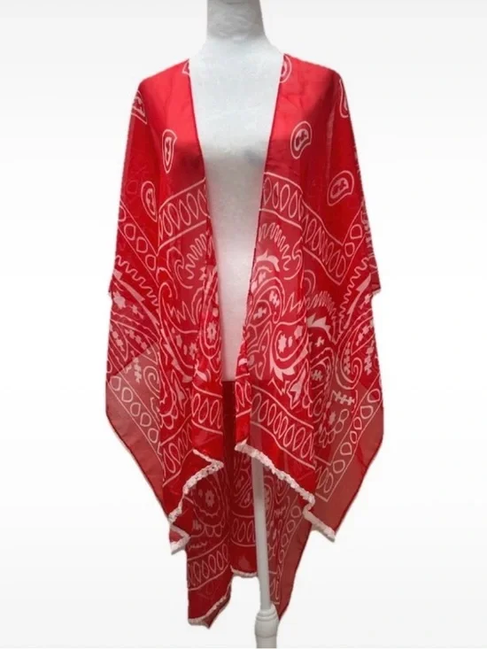 Red & White Paisley Print Sheer Light-weight Shawl OS