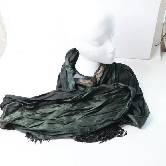 Vintage Dark Green Bronze Iridescent Crinkle Fringe Long Wrap Scarf Shawl 80in