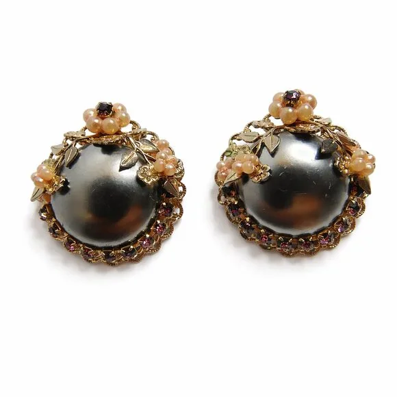 Vintage‎ Hematite Color Cabochon Floral Pearl Rhinestone Clip-On Earrings