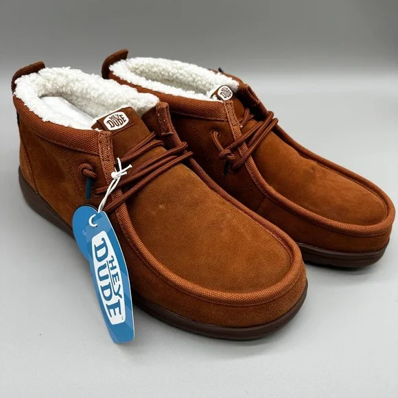 Hey Dude Wally Mid Gripr‎ Warmth Shoes Mens 11 Brown Suede Faux Fur Lined NEW