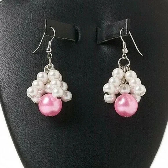 Handcrafted Pink White Glass Pearl Beads Cluster Dangle Earrings