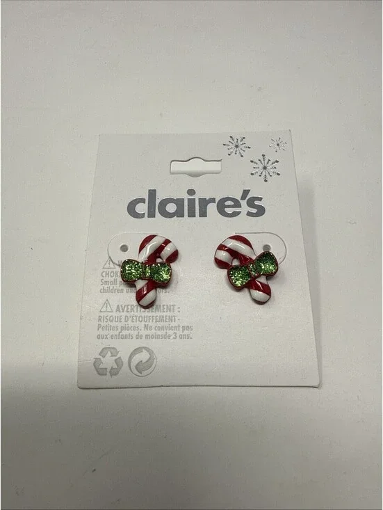 Candy Cane With Green Bow Christmas Earrings Claire’s