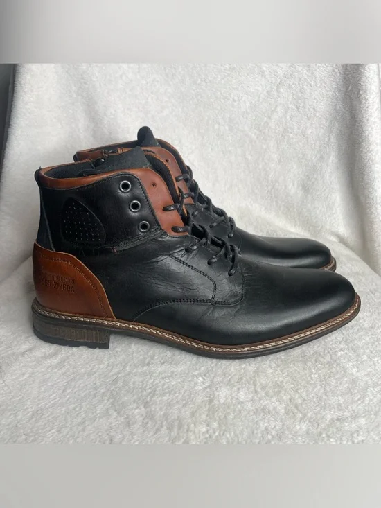Bullboxer Mens 11 EU 44 Black Brown Leather Boots Side Zip Motorcycle Dress Chuk