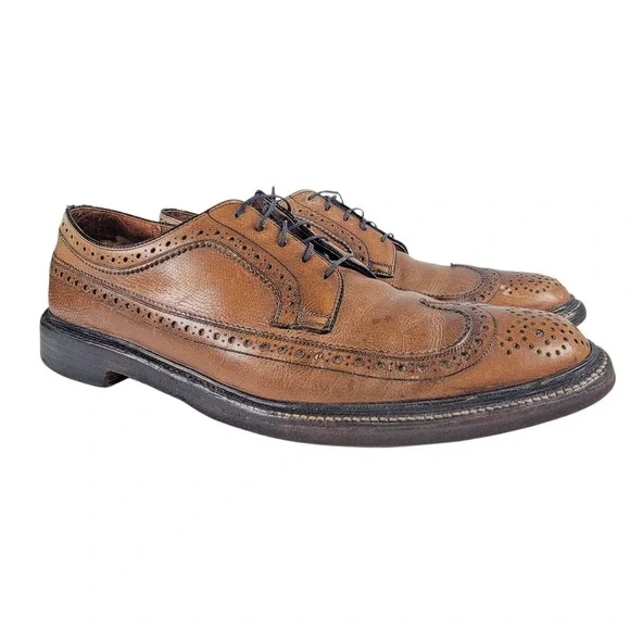 Vintage Nunn Bush‎ Men's Tan Leather Wingtip Brogue V Cleat Oxford Shoes 11.5 C