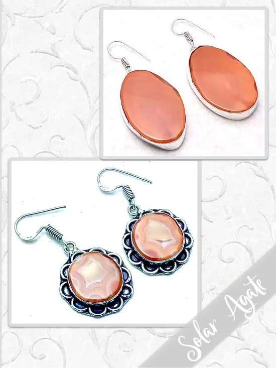 Solar Agate Eclectic Silver Drop Dangle Artisan Earrings (Orange)