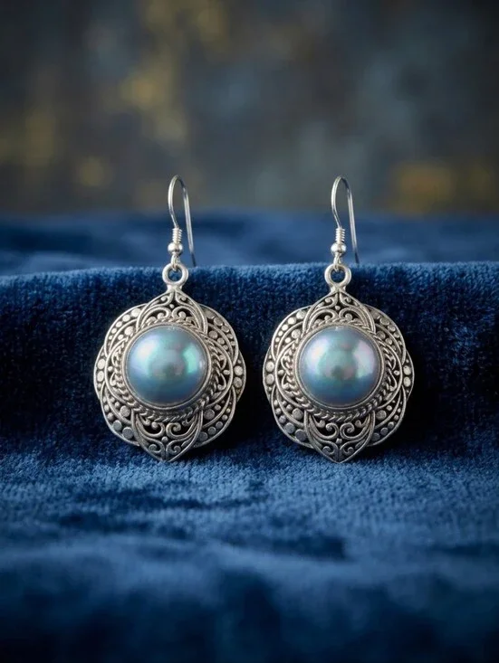 Cultured Blue Mabe Pearl Sterling Silver Dangle Drop Earrings Balinese Style