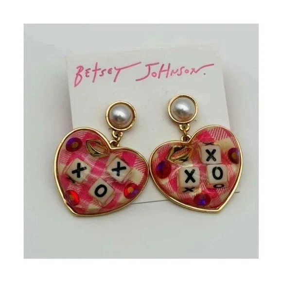 Betsey Johnson XOXO Plaid Heart Drop Earrings - Pearl Post - Dice & Lips -‎ NWT