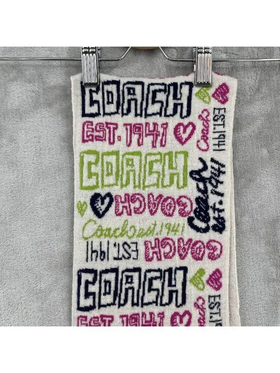 Coach Poppy Heart Graffiti Multicolor Spellout Logo Scarf Knit Wool Blend Cream