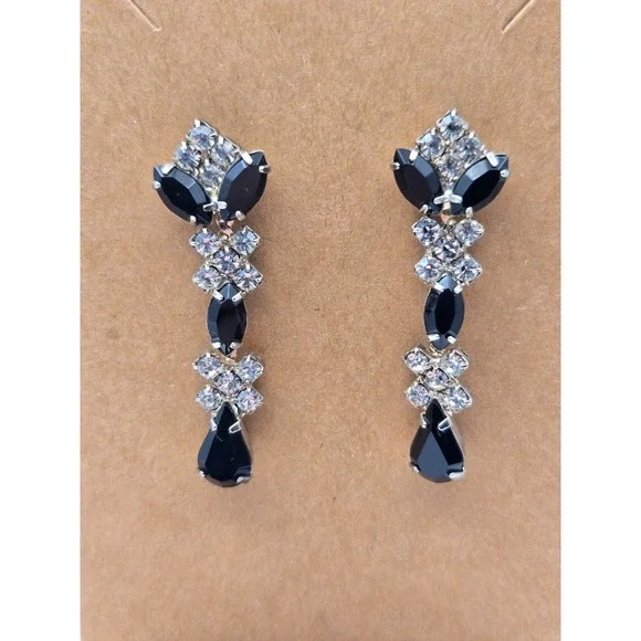 Black Clear Rhinestone Silver‎ Tone Teardrop Dangle Pierced Earrings Elegant