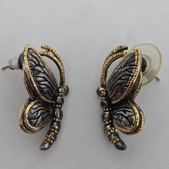 Vintage Two Tone Butterfly Stud Earrings Silver Gold Tone Insect Whimsical MJ XX