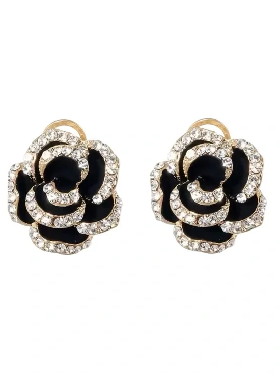 Rhinestone and Black Enamel Flower Stud Earrings