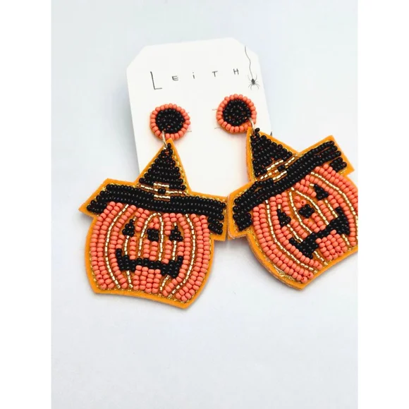 Leith Orange & Black Beaded Pumpkin Earrings, NWT , Halloween Fun, Stud Closure