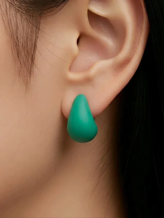 Matte Sage Green Teardrop Dome Earrings Minimalist Chunky Studs Retro Modern