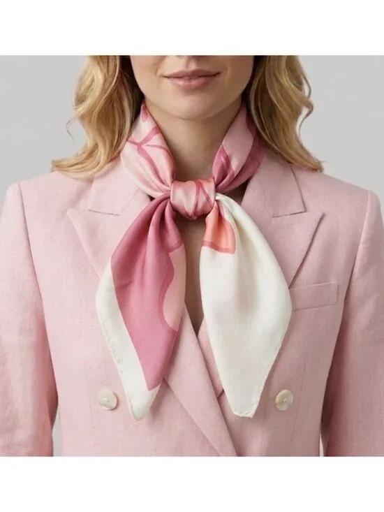⭐New Elegant Bandana Square Scarf Silky Satin Vintage Floral Print Pink Beige⭐