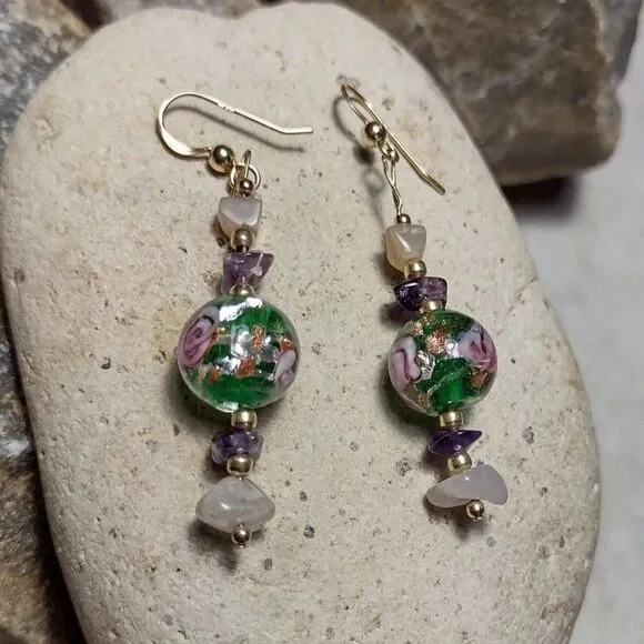 14k GF Murano Glass Foil Rose Bead Dangle Earrings
