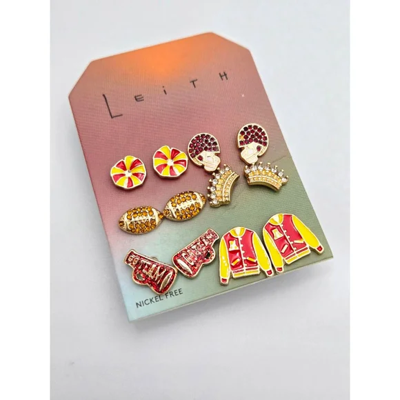 Leith Homecoming Inspired Cute Six Pairs Earrings Red and Gold Stud Earrings NWT