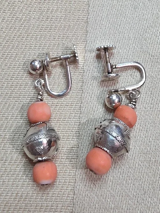 ANGEL SKIN, PINK, CORAL, STERLING SILVER 925 VINTAGE SCREW BACK EARRINGS