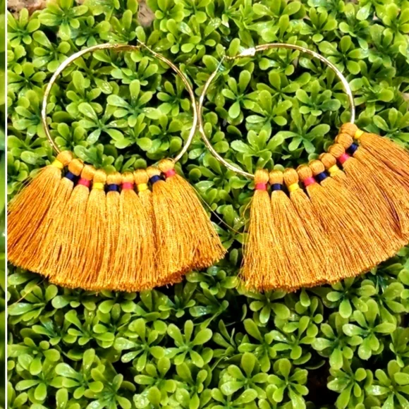 BIG‎ GOLD TASSEL HOOP EARRINGS 5 Inch Hoop
