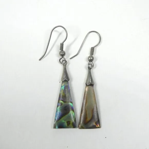 Mother of Pearl Triangle Earrings Vintage Dangle Silver Abalone Shell