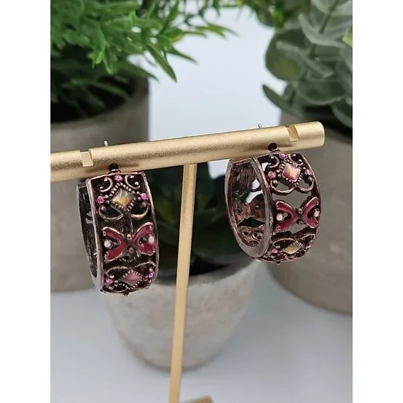 Vintage Copper Hoop‎ Earrings Enamel Sparkle Post Back 1