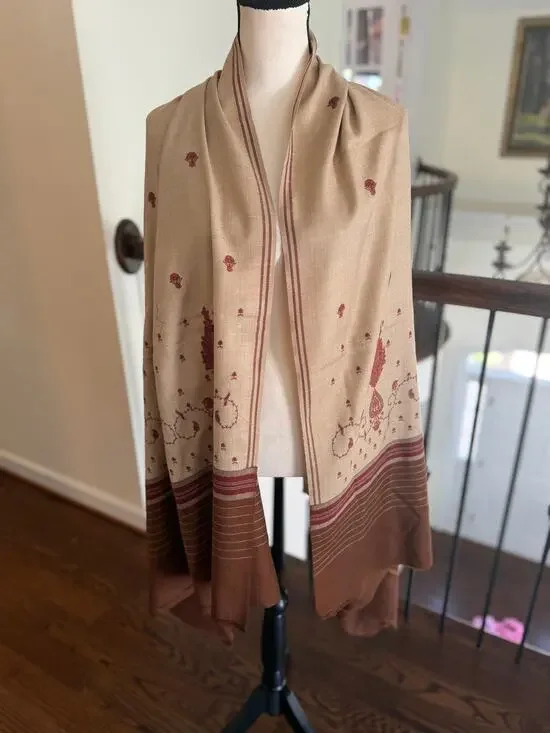 Taupe & Warm Brown Indian Block Print Embroidered Oversize Shawl Pashmina Scarf