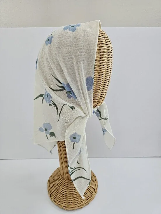 Vintage Cottagecore Blue Floral Head Scarf – Cream Sheer Gauze Hair Kerchief​