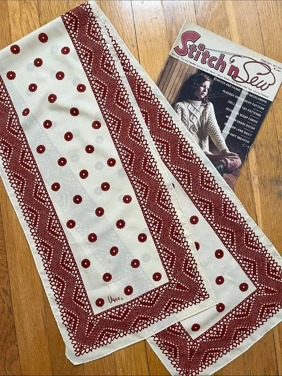 70s Vintage Vera Long Scarf Rust Red Brown & Cream Hand Rolled Headscarf